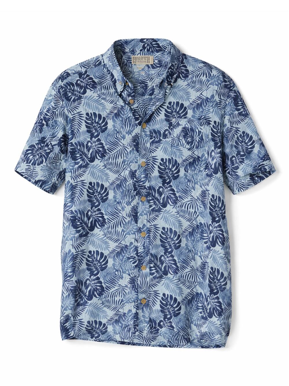 Duluth Hawaiian Tropical Leaf Blue Button Up Shirt Cruise Island Vacation L